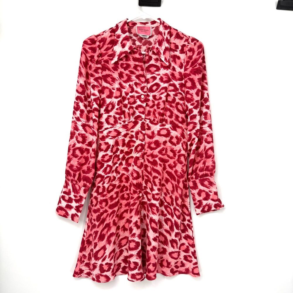 Kate Spade Womens Pink Long Sleeve Collared Panthera Leapord Shirt Dress Size 0